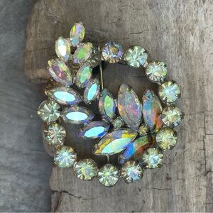 Signed Sherman Aurora Borealis AB Rhinestone Brooch Pin Mid Century Vintage